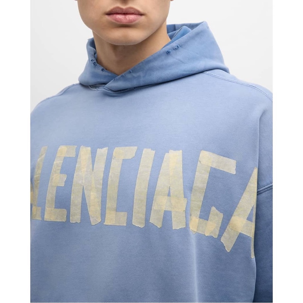 Balenciaga Men's Logo Tape Distressed Ripped Pocket Hoodie Oversized Faded Blue - Picture 5 of 15